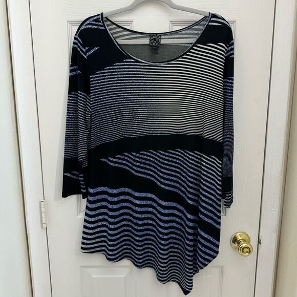 Clara SunWoo Asymmetrical Striped Tunic Top Size Large Blue and Black Artsy - Picture 1 of 6
